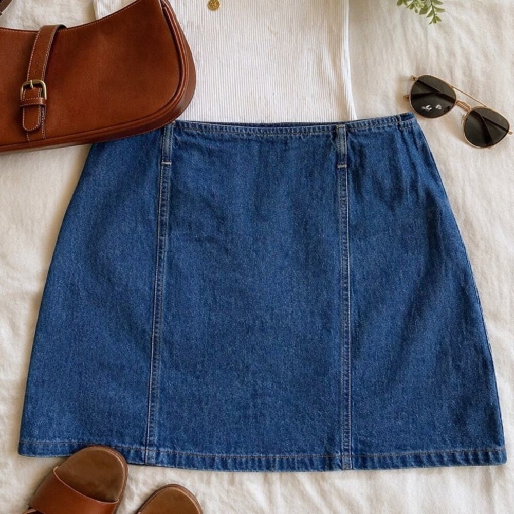Y2K 90s Denim Mini Skirt Size 14 Blue A-Line Classic Jean Skirt